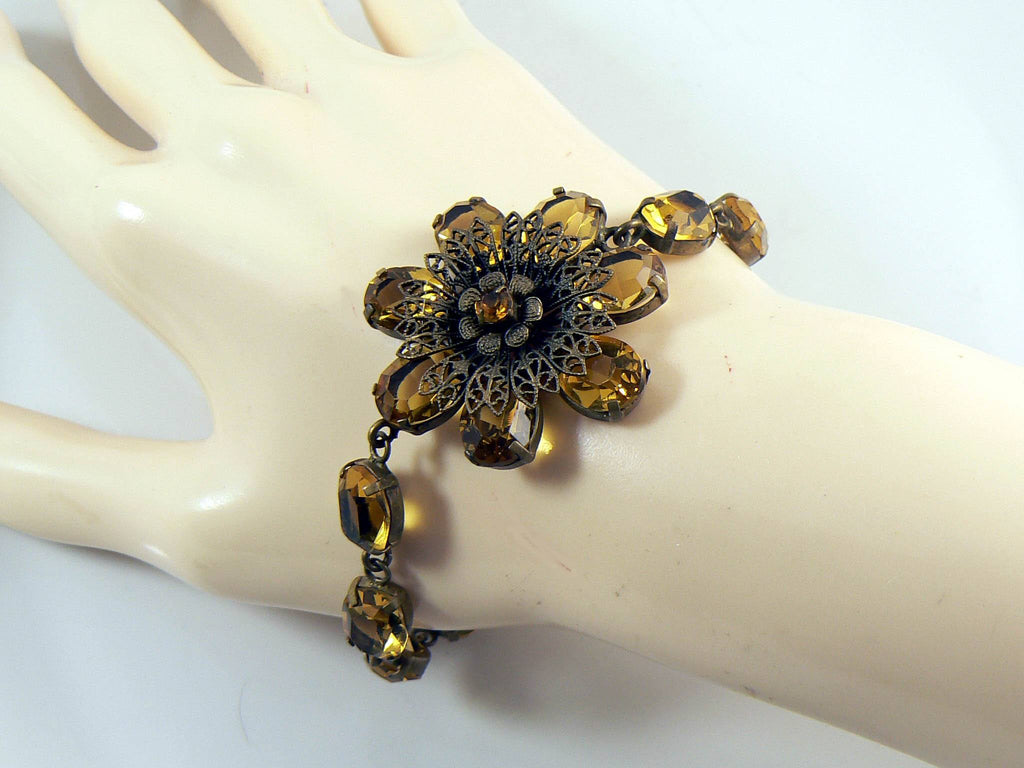 Early Signed CZECHOSLOVAKIA Citrine Glass Rhinestone Bracelet - Vintage Lane Jewelry