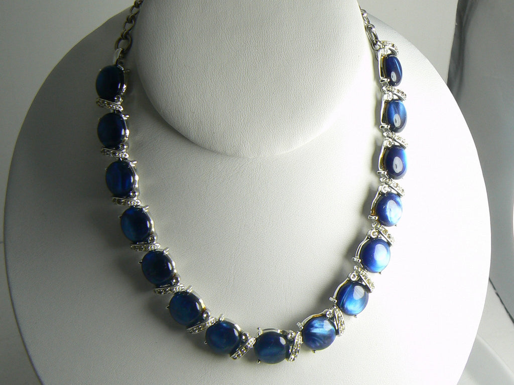 3 Piece Coro Montana Blue Moonglow and Clear Rhinestone Necklace Brooch & Earrings - Vintage Lane Jewelry