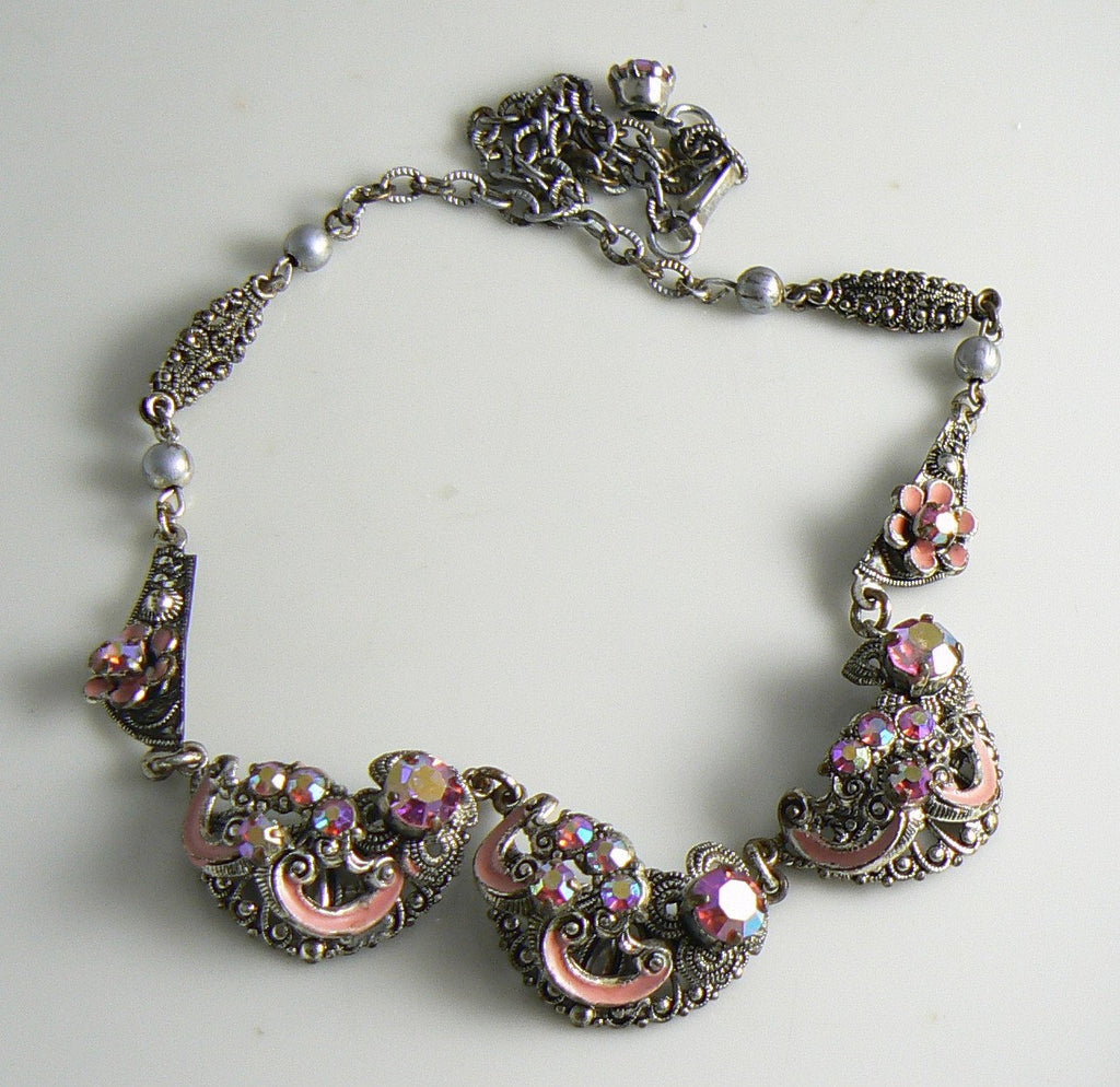 Vintage Czech Art Deco Pink Ab Rhinestone And Enamel Filigree Necklace