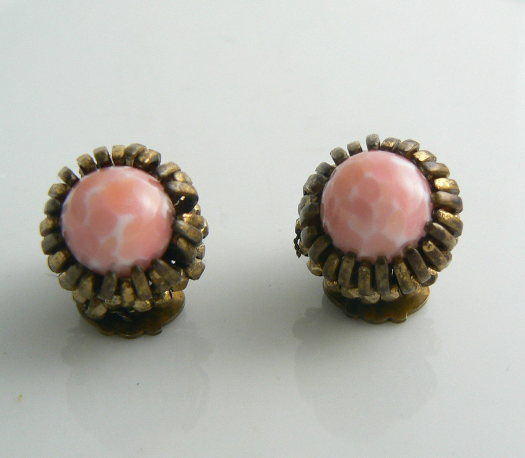 Vintage Signed Miriam Haskell Pink Art Glass Clip Earrings