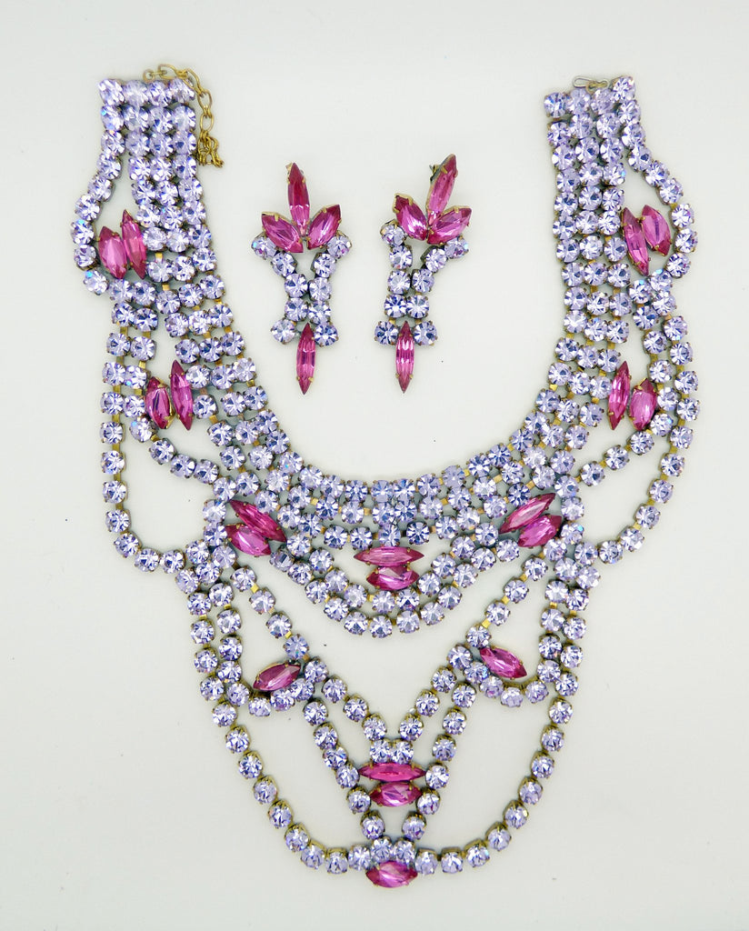 Bijoux M.G. Czech Glass Lavender Rhinestone Pink Navettes Statement Necklace and Pierced Style Earring Set - Vintage Lane Jewelry