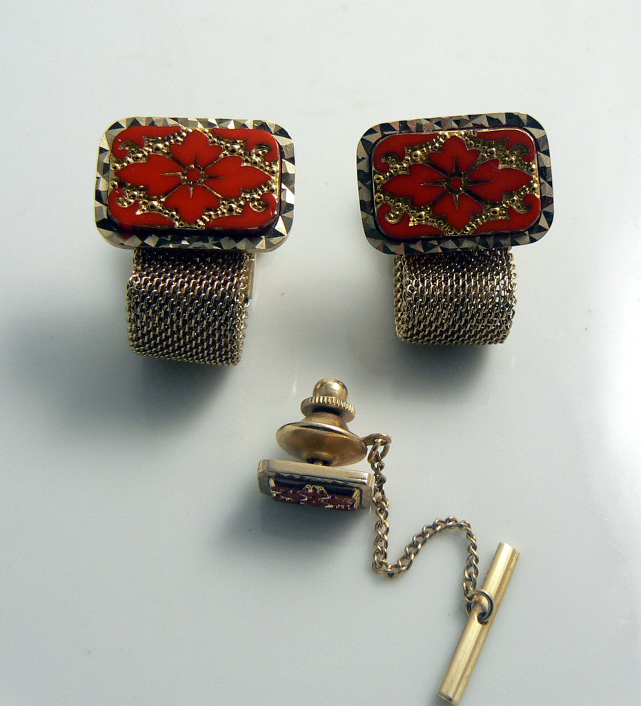 Vintage Mesh Wrap Red Etched Glass Cuff Links Cufflinks Set Tie Tack