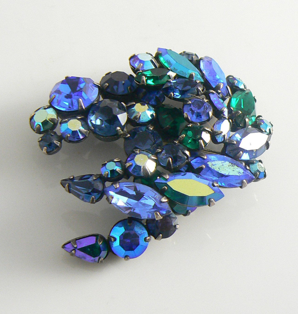 Vintage Regency Blue And Green Rhinestone Brooch