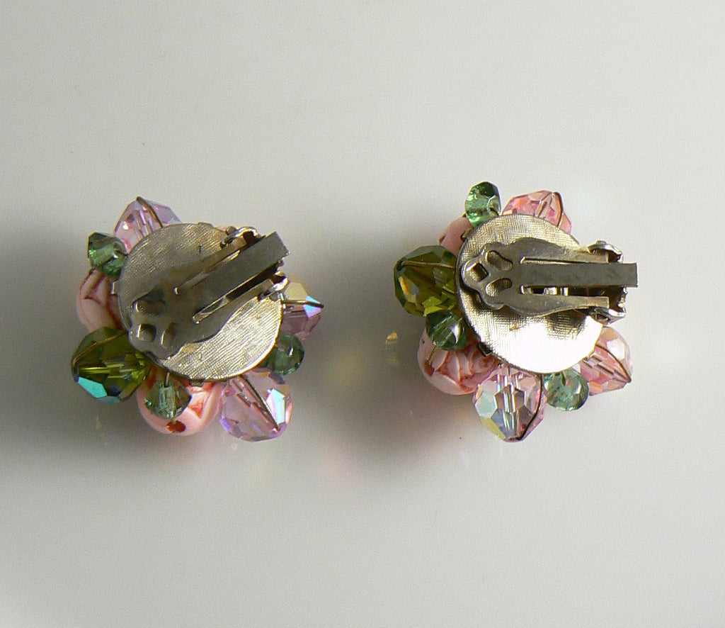 Beautiful Pink Rose Molded Bead & Crystal Necklace Earring Set - Vintage Lane Jewelry