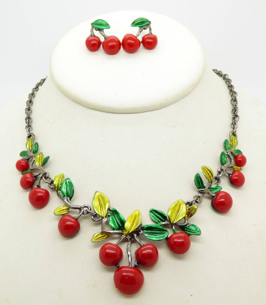 Red Enamel Cherries, Green Enamel Leaves Gun Metal Necklace and Pierced Style Earrings