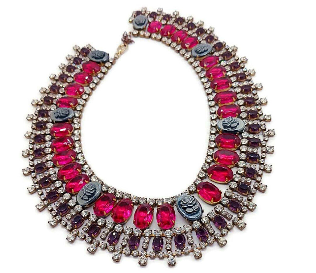 Husar D Czech Glass Black Rose Cameo Bib Necklace - Vintage Lane Jewelry