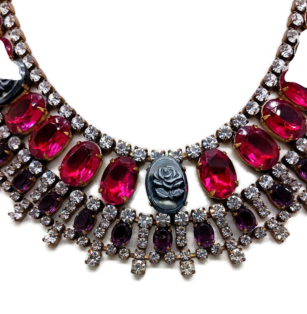 Husar D Czech Glass Black Rose Cameo Bib Necklace