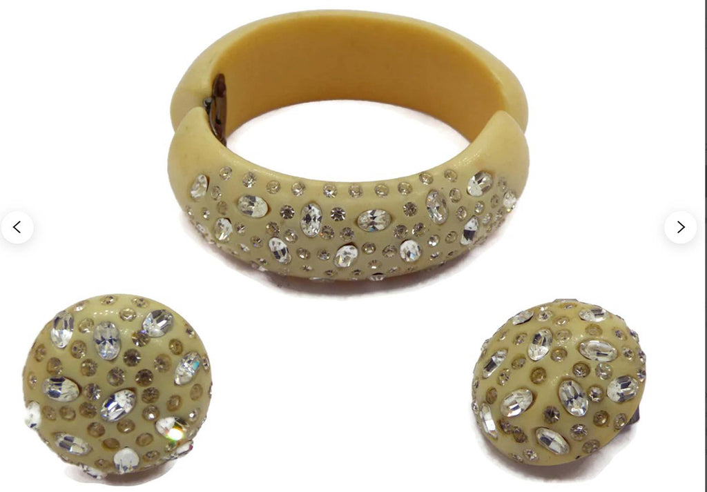 Weiss signed thermoset vanilla rhinestone clamper bracelet and earrings - Vintage Lane Jewelry