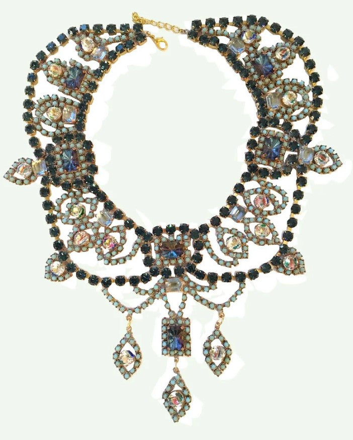Dark Indigo Czech Glass Rhinestones and Baby Blue Cabochons Necklace - Vintage Lane Jewelry