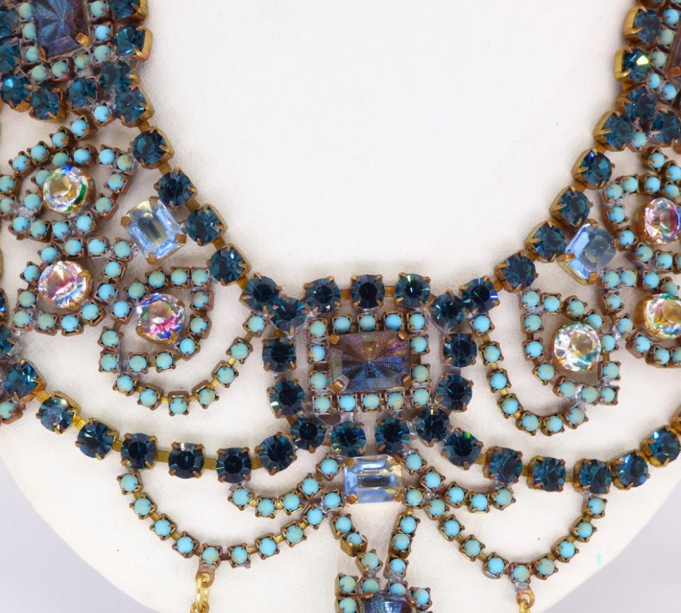 Dark Indigo Czech Glass Rhinestones and Baby Blue Cabochons Necklace - Vintage Lane Jewelry