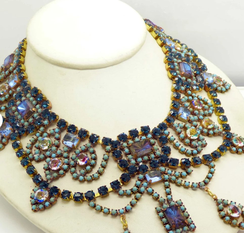 Dark Indigo Czech Glass Rhinestones and Baby Blue Cabochons Necklace