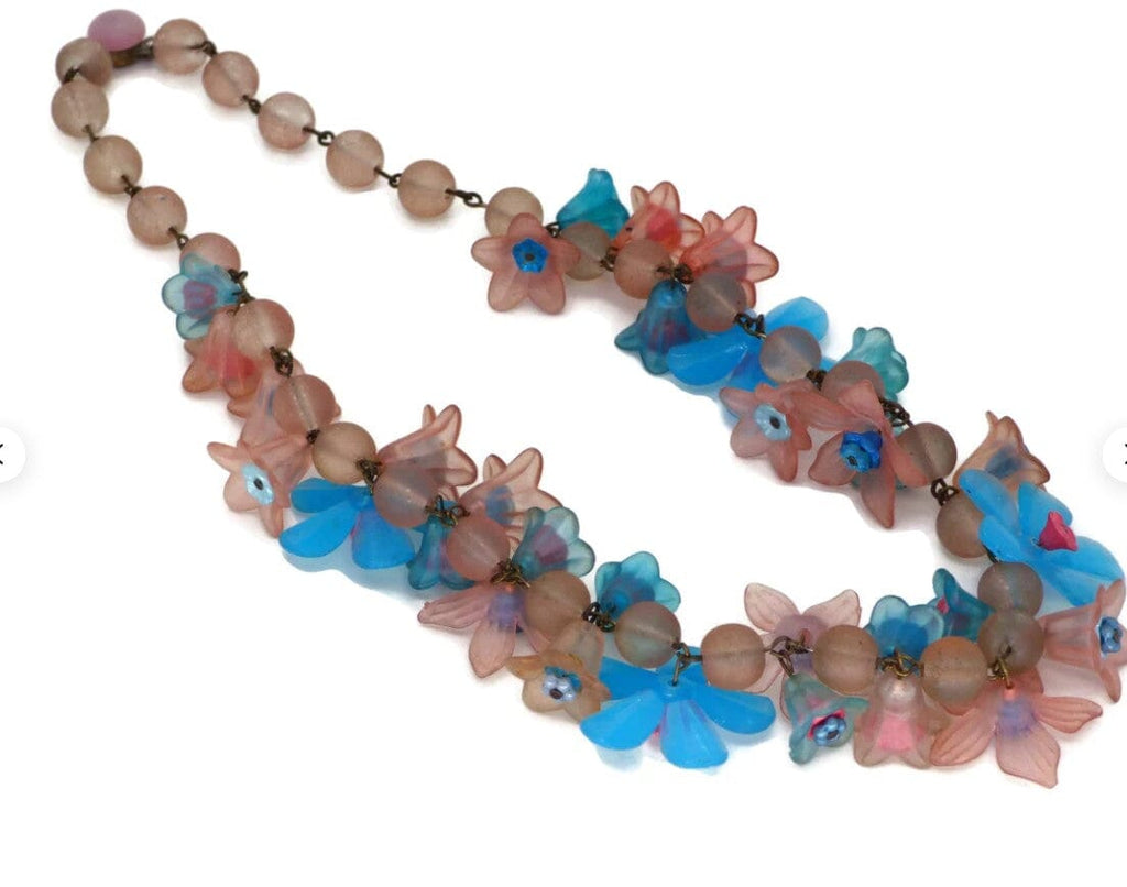 Turquoise and Coral Plastic Flower Necklace