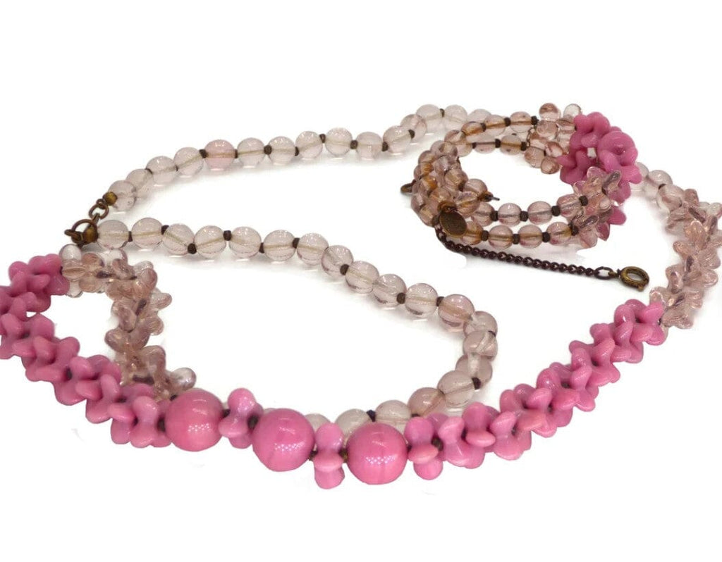Vintage Miriam Haskell Pink Art Glass Necklace and Bracelet - Vintage Lane Jewelry