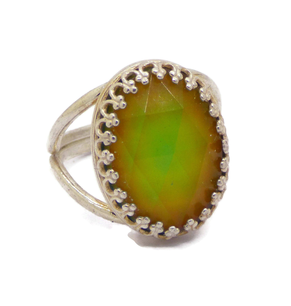 Oval Faceted Mood Stone Ring Sterling Silver Crown Bezel
