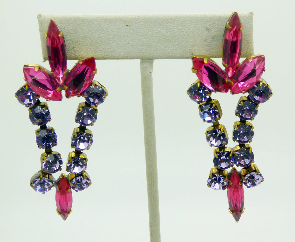 Bijoux M.G. Czech Glass Lavender Rhinestone Pink Navettes Statement Necklace and Pierced Style Earring Set - Vintage Lane Jewelry