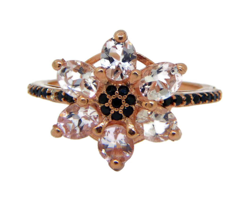 Morganite and Black Spinel 14k Rose Gold over sterling Flower Ring