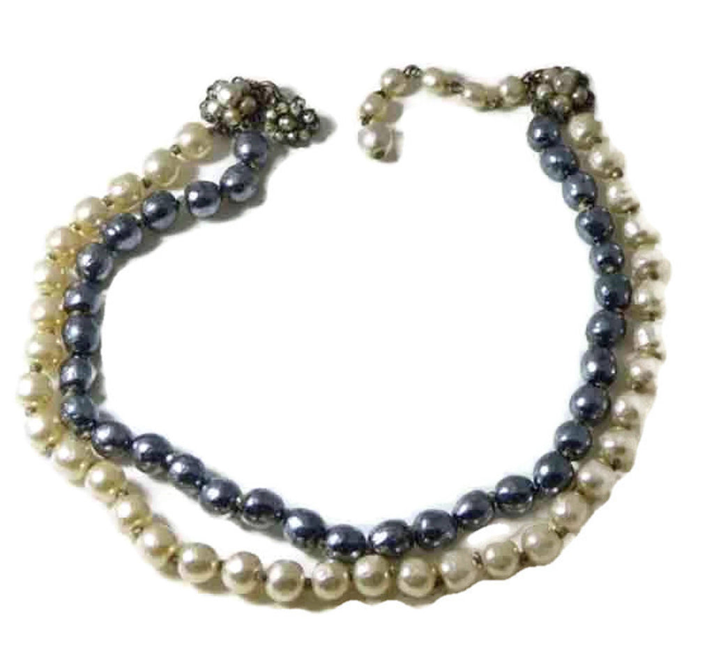 Miriam Haskell Navy Blue and Ivory Baroque Pearl Necklace