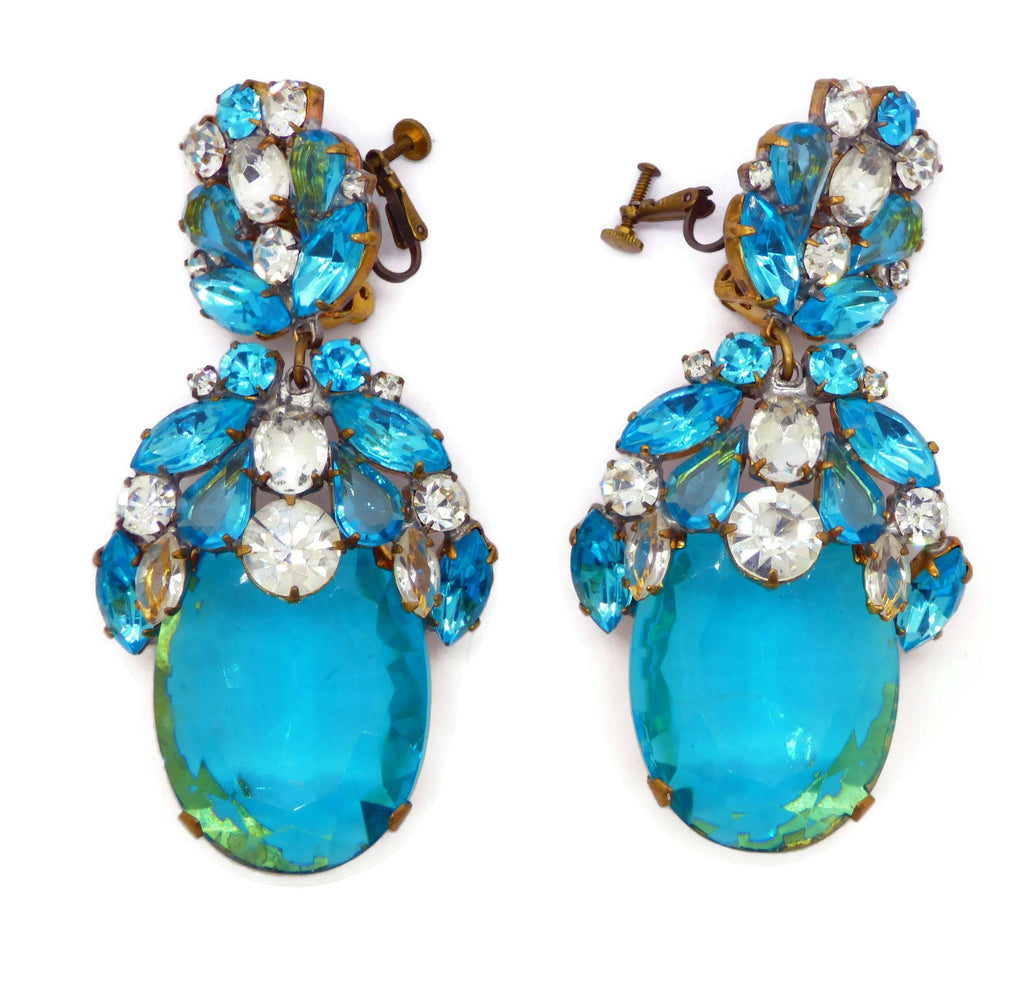 Czech Glass Massive Dangling Clip Earrings Aqua Blue and Clear Stones