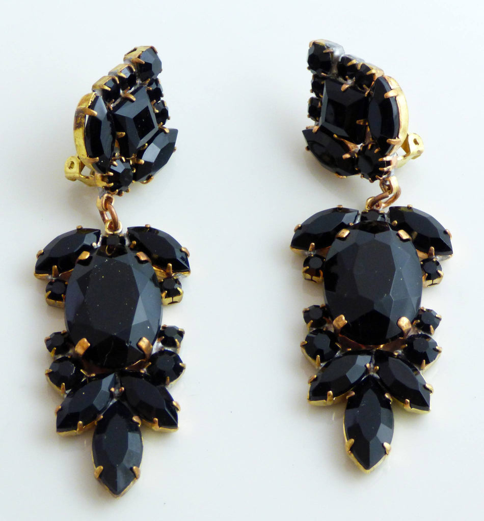 Large Black Czech Glass Dangling Clip Earrings