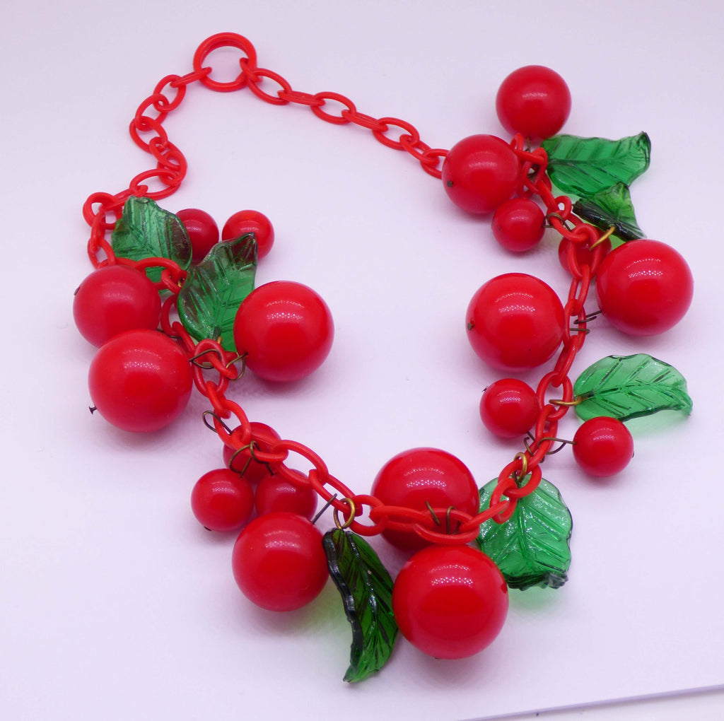 Art Deco Cherry Bakelite Necklace, Red Celluloid Chain - Vintage Lane Jewelry
