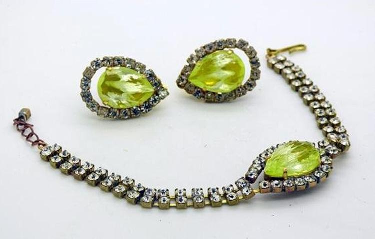 Czech Vaseline Uranium Glass Kutz CZ Rhinestone Bracelet and Clip Earring Set