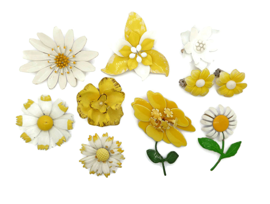 Yellow and white Colors Enamel Flower Lot 8 flowers, clip earrings