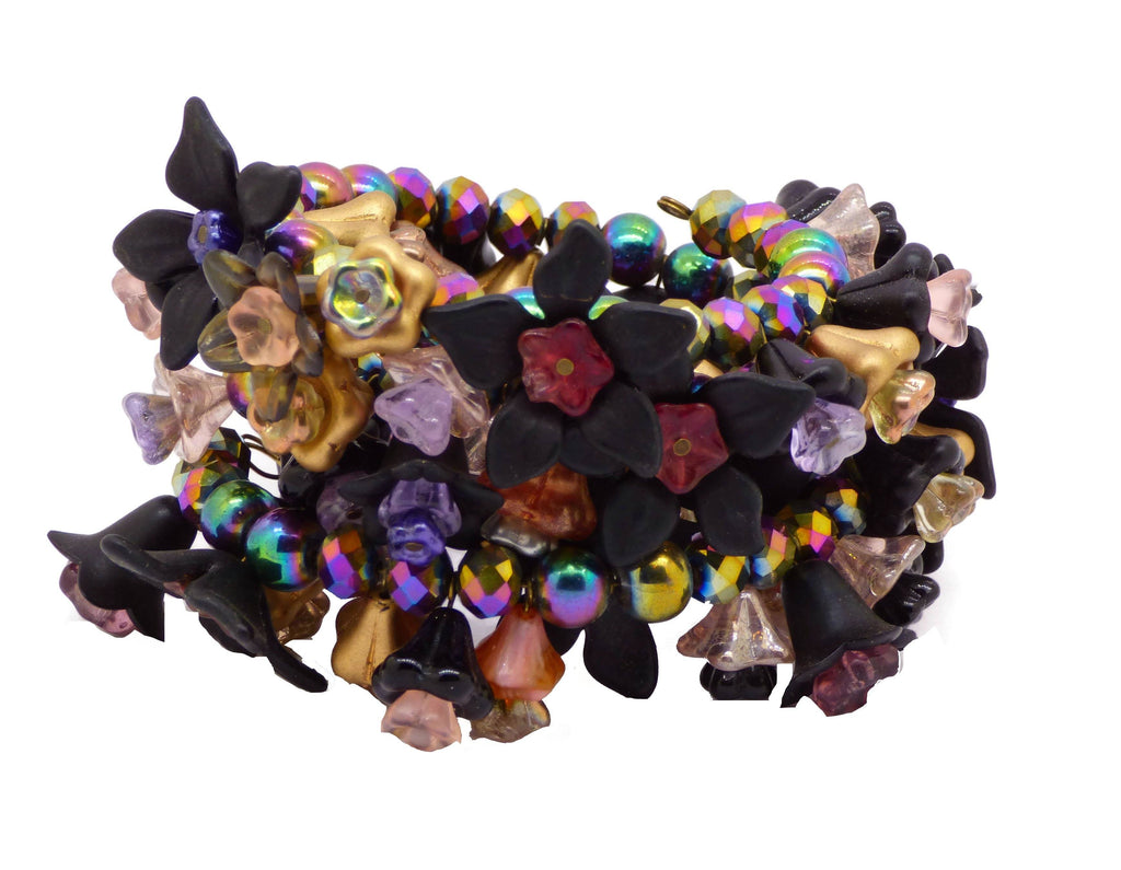 Flowers Black, Gold and Carnival Glass Beads Bracelet