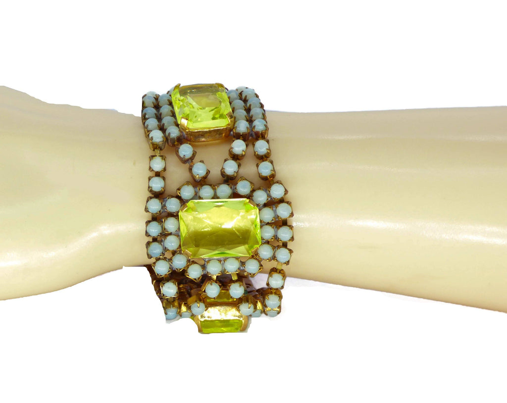 Czech Vaseline Uranium Glass Bracelet - Vintage Lane Jewelry