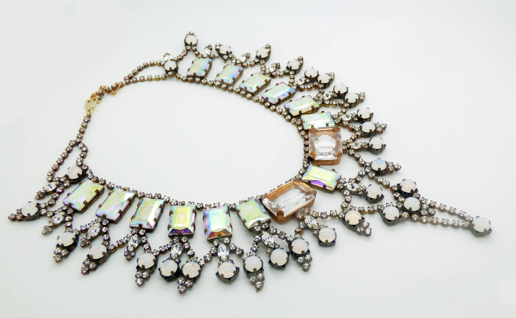 Czech Glass Peach AB Rhinestone Statement Necklace - Vintage Lane Jewelry