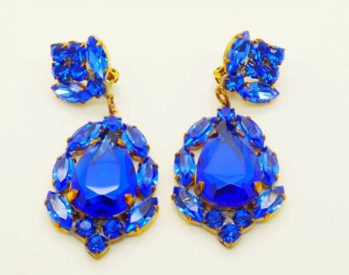 Royal Blue Czech Glass Huge Dangling Clip Earrings - Vintage Lane Jewelry