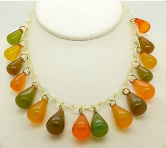 Vintage Apple Juice Teardrop Bakelite Necklace with Celluloid Chain