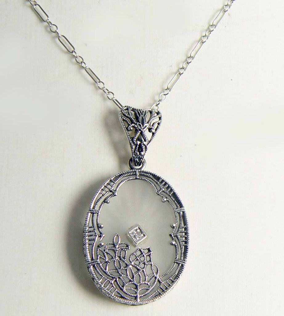 Art Deco Sterling Silver Filigree Camphor Glass Diamond Necklace