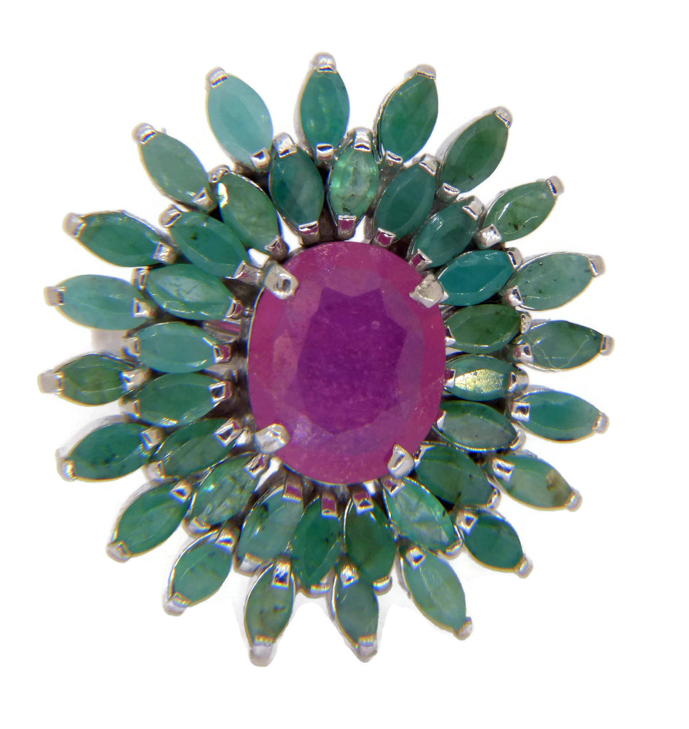 Ruby and Emerald 14K White Gold Plated Cocktail Ring