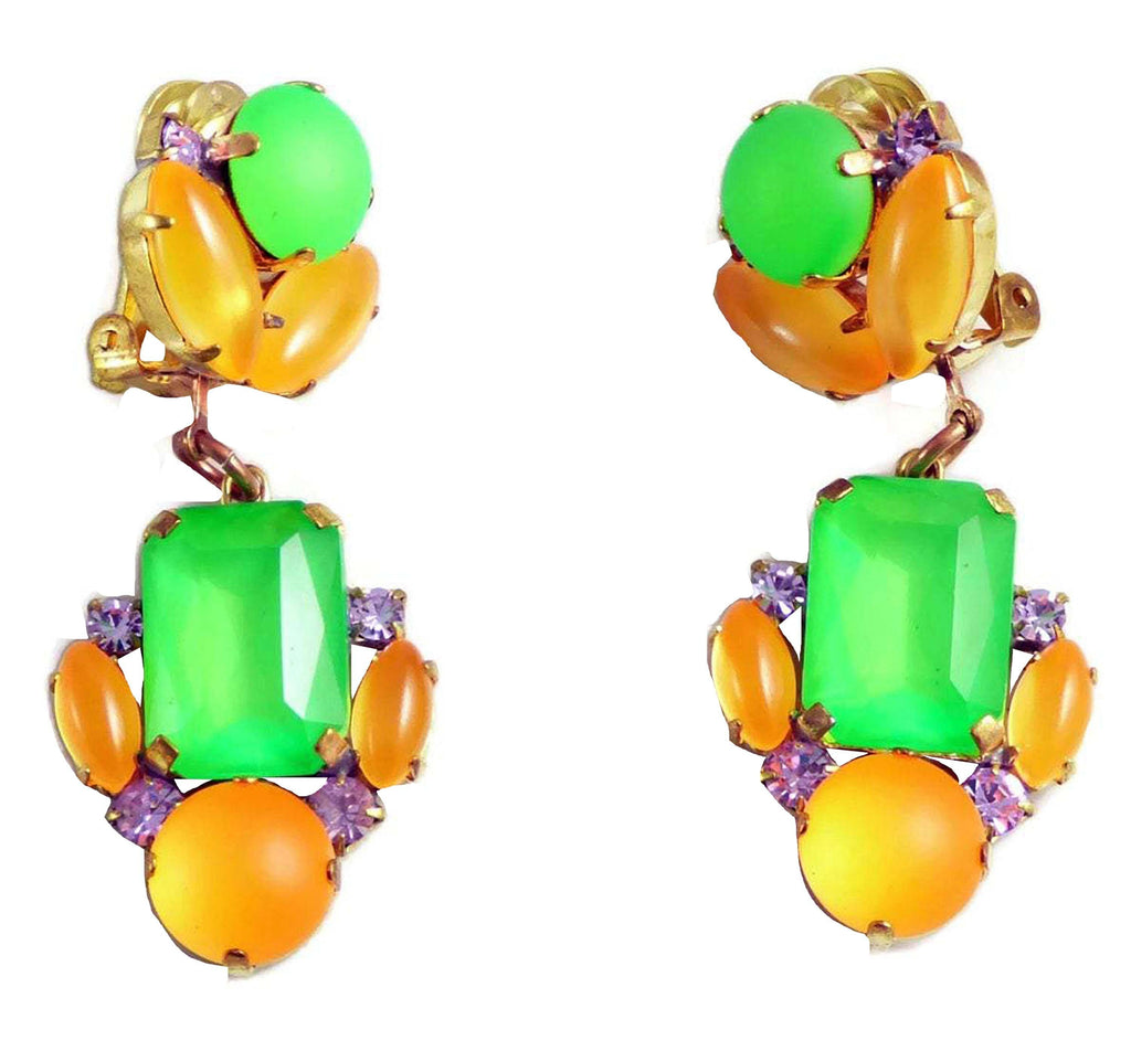 Czech Neon Green and Orange Clip Earrings