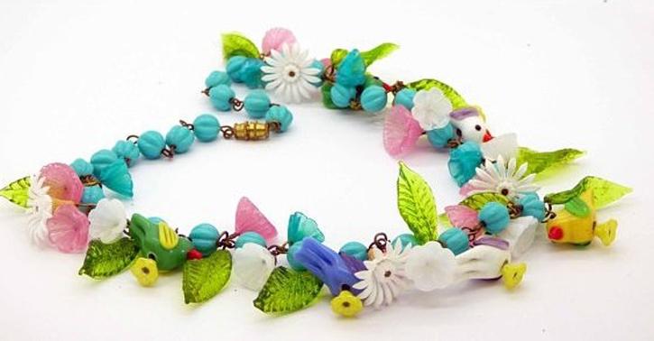 Glass Bird Turquoise Beaded Necklace with Green Glass Leaves, Glass flowers
