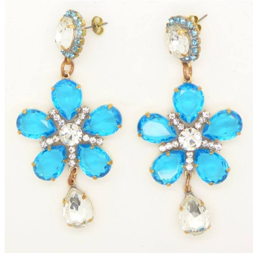 Aqua Blue Flower Dangle Czech Glass Pierced Style Earrings