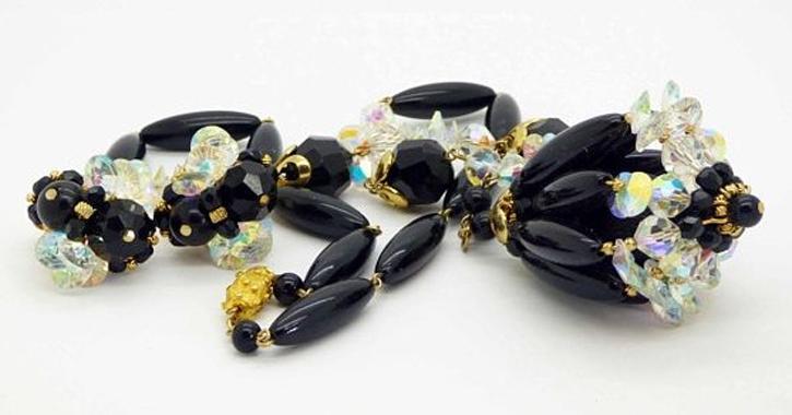 Vintage Vendome AB Crystal Black Beaded Necklace and Clip Earrings
