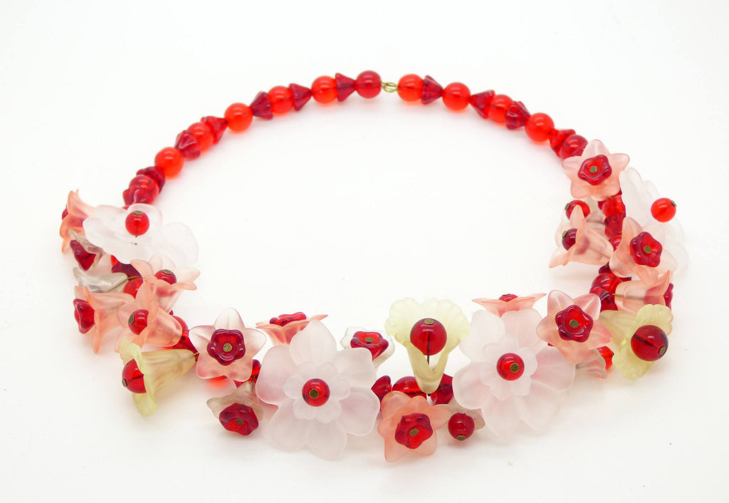 Lucite Flowers and Glass Beads Necklace, Red, White, Ivory and Peach Colors