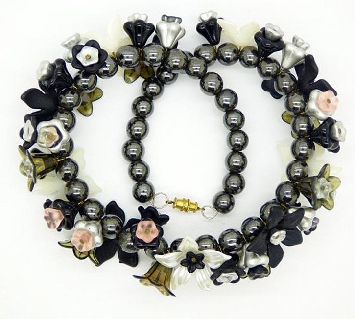 Black Obsidian Beaded Lucite Flower Necklace