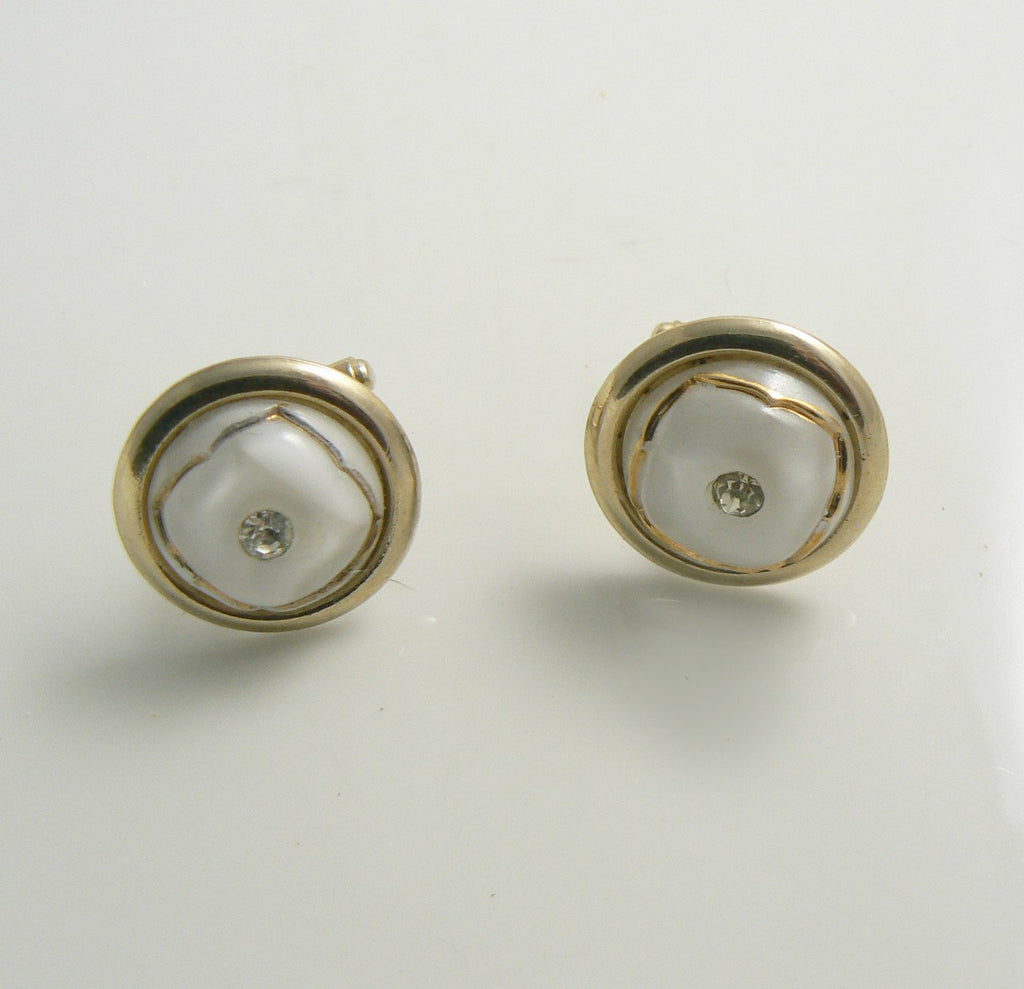 Vintage White Glass and Rhinestone Cuff Links Cufflinks - Vintage Lane Jewelry