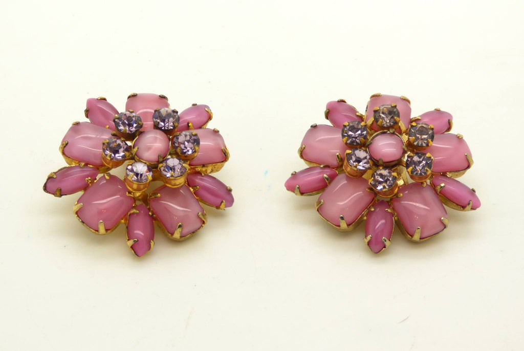 Vintage Juliana D & E Gold Plate Lavender Rhinestone Pink Art Glass Clip Earrings - Vintage Lane Jewelry