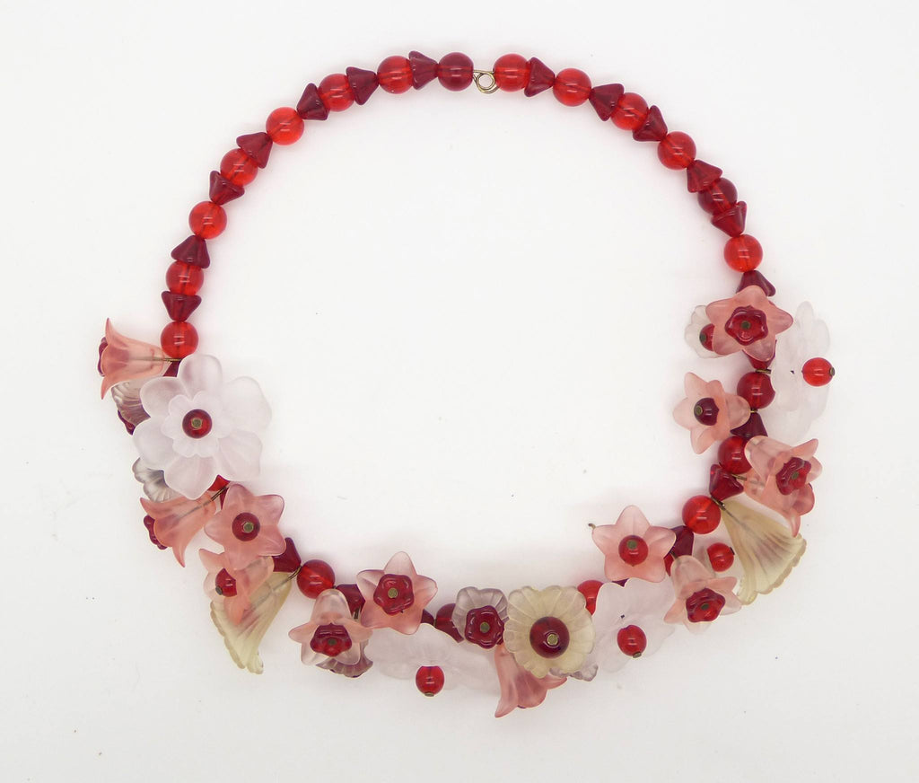 Lucite Flowers and Glass Beads Necklace, Red, White, Ivory and Peach Colors - Vintage Lane Jewelry