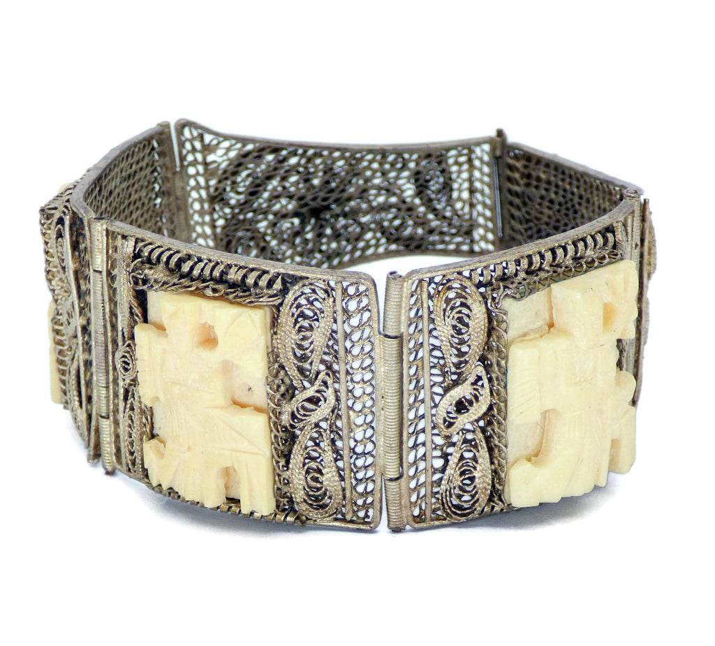 Antique Chinese Silver Filigree 3 Panel Hand Carved Bovine Bone Bracelet