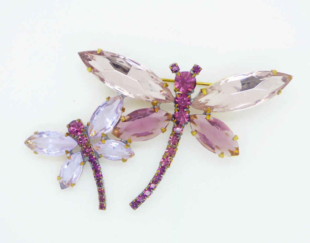 Czech Glass Lavender and Purple Rhinestone Double Dragonfly Brooch, Figural Pin
