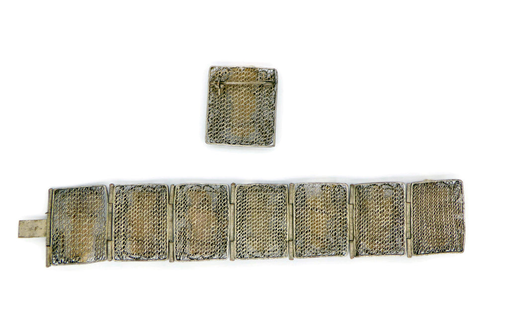 Antique Chinese Export Carved Bovine Bone Silver Filigree Bracelet and Pin - Vintage Lane Jewelry