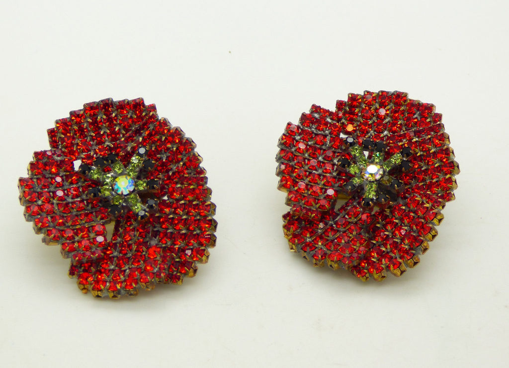 Red Poppy Rhinestone Czech Clip Earrings