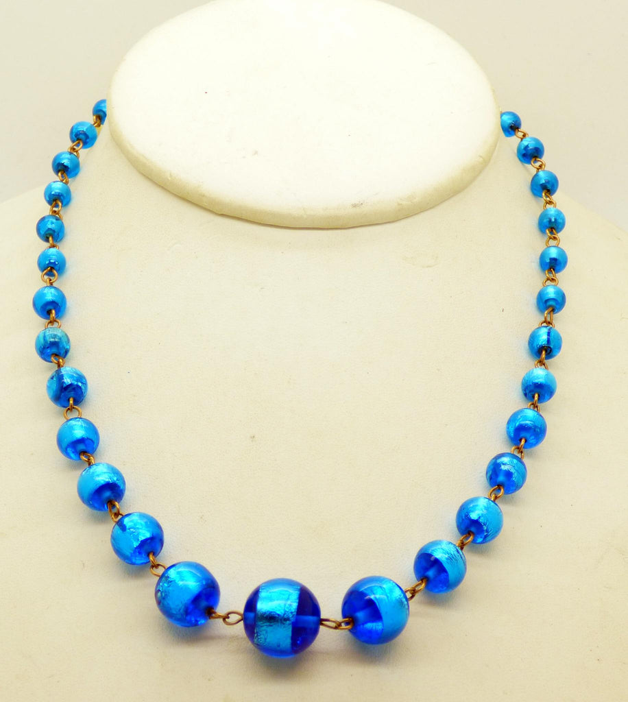 Art Deco Venetian Foiled Glass Bead Necklace Peacock Vintage Glass Necklace