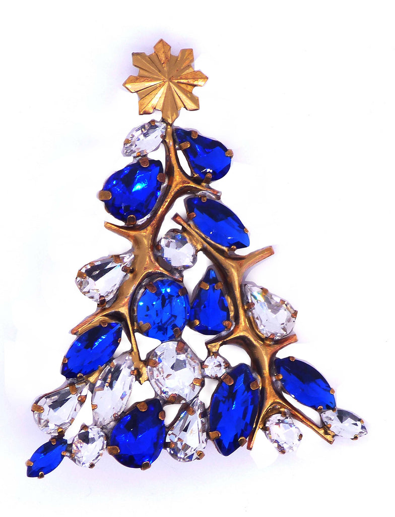 Blue Rhinestone Christmas Tree Pin with Gold Star