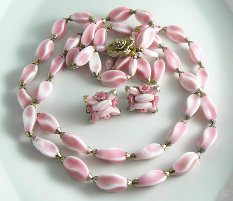 Vintage Miriam Haskell Pink Art Glass Necklace and Bracelet