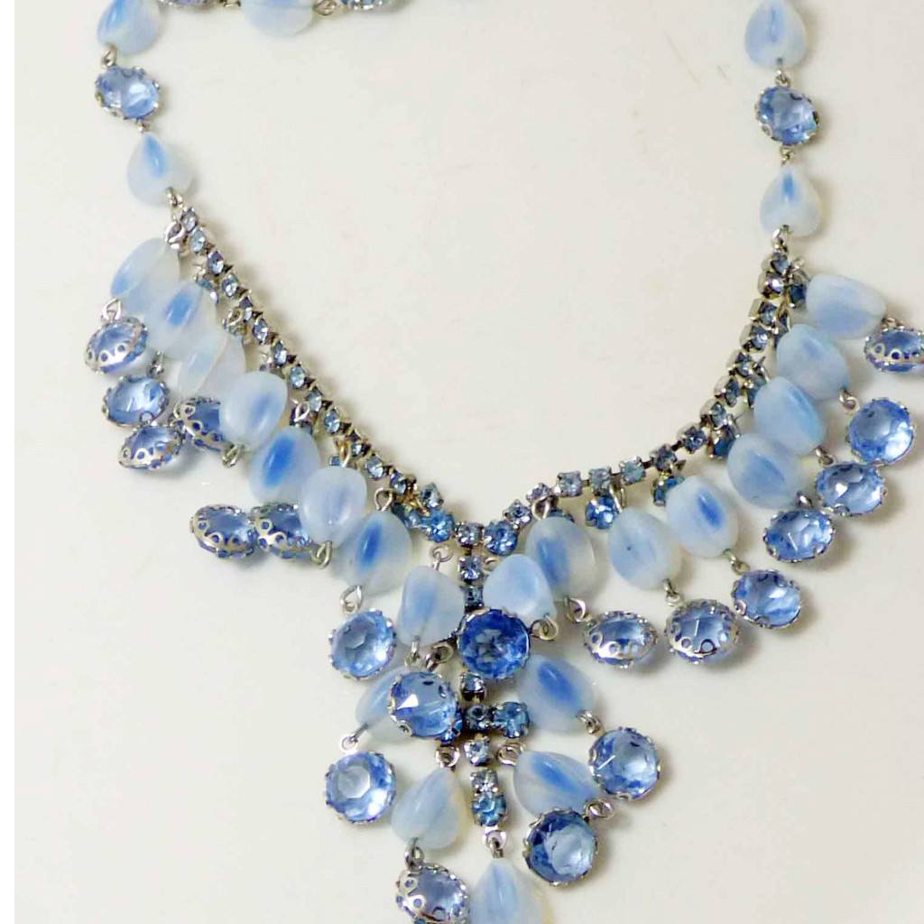 Vintage Alice Caviness Fringe Bib Blue Opalescent Art Glass Oval Rhinestone Necklace